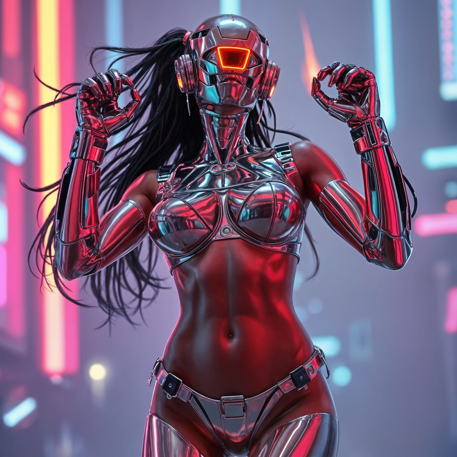 Cyberpunk Fashion Model in Neon Chrome Hues