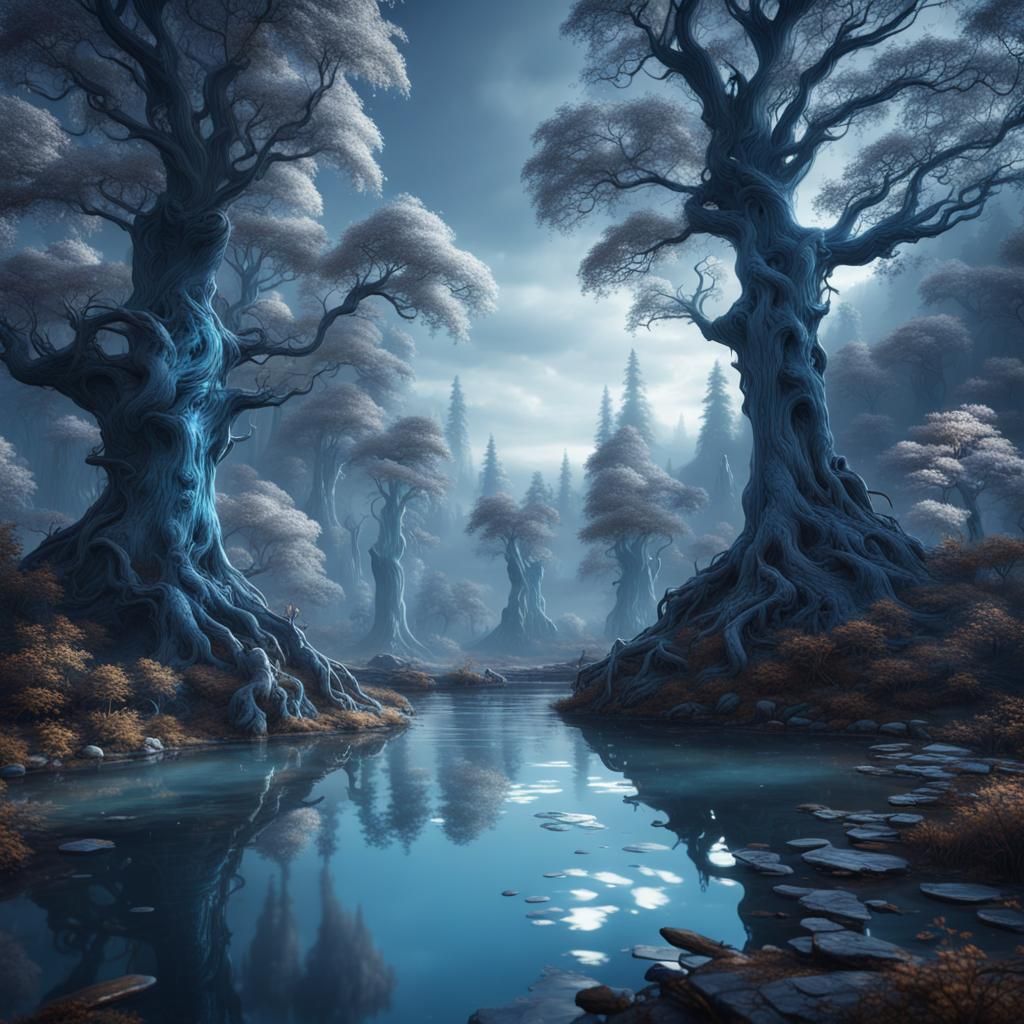 Mystical Forest with Silver and Blue Trees