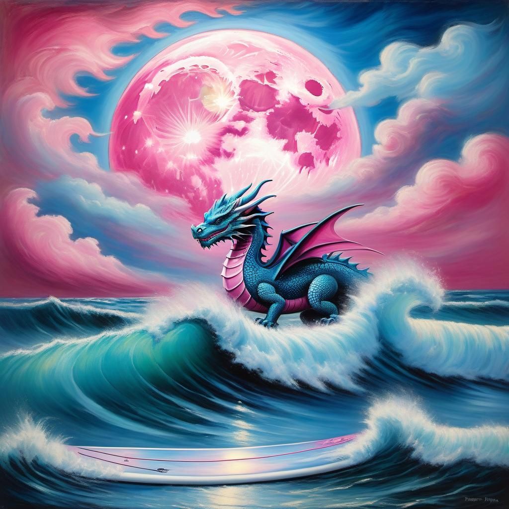 Dragon Rides Waves Under Moon, Oil Pastel
