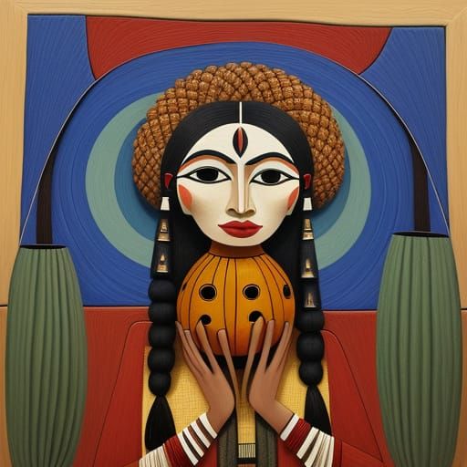 Surrealist Cubist Portrait of Guatani Woman with Mate Gourd