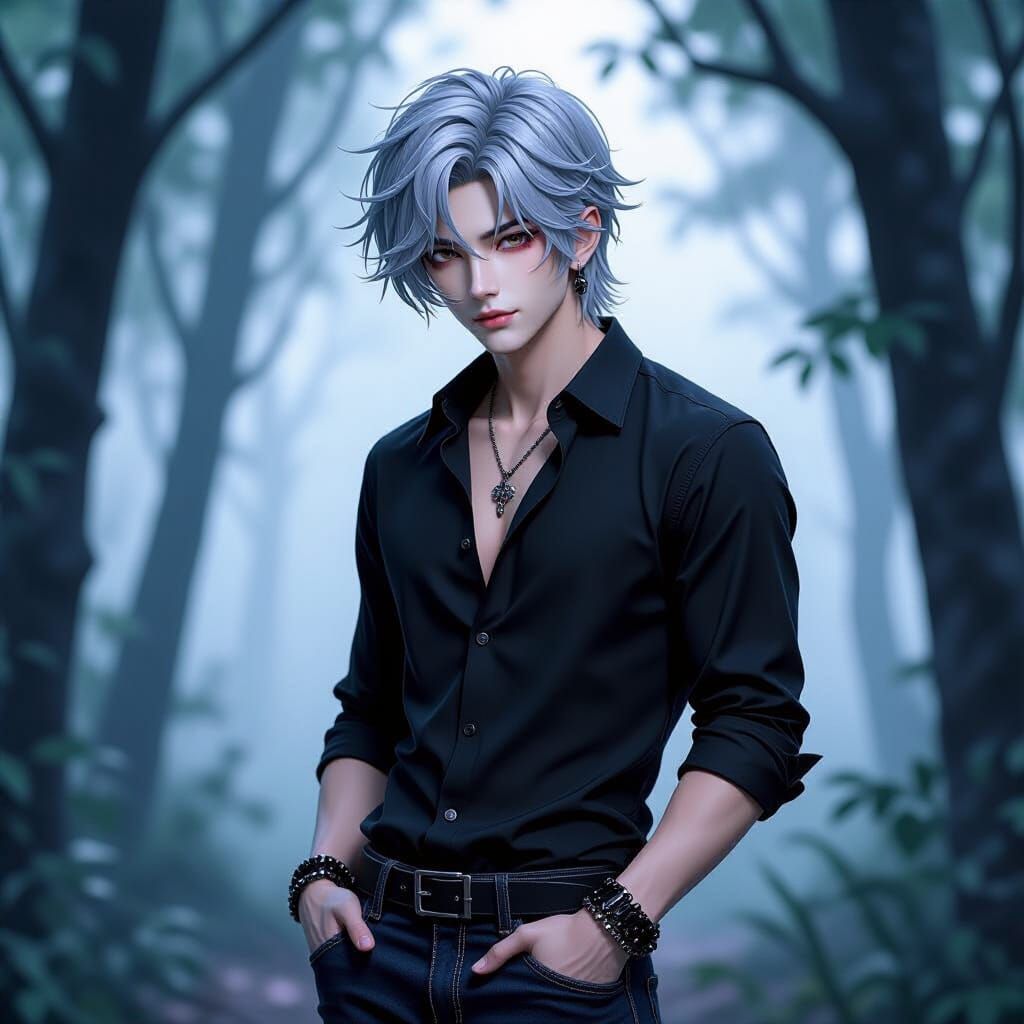 Handsome Asian Vampire in Foggy Forest: Anime Art