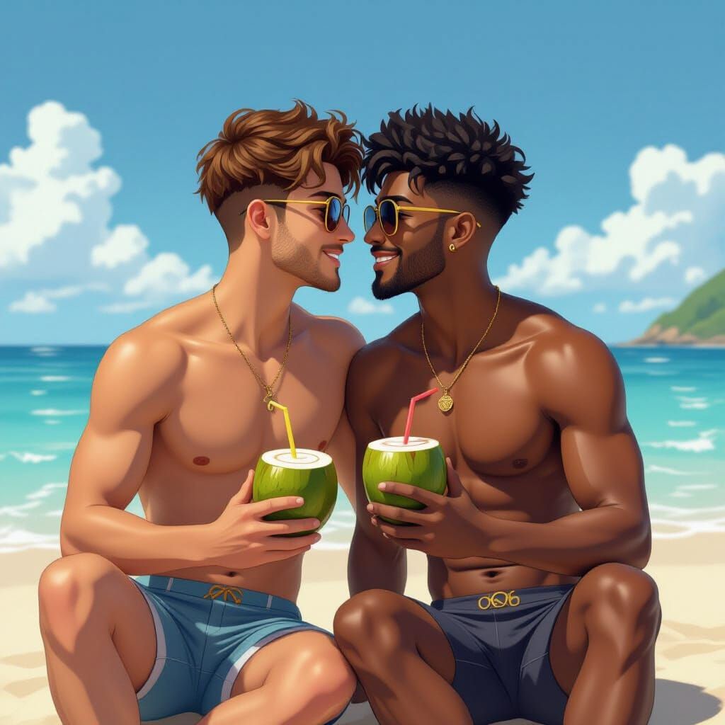 Romantic Beach Sunset: Two Men Embrace in Anime 3D Style