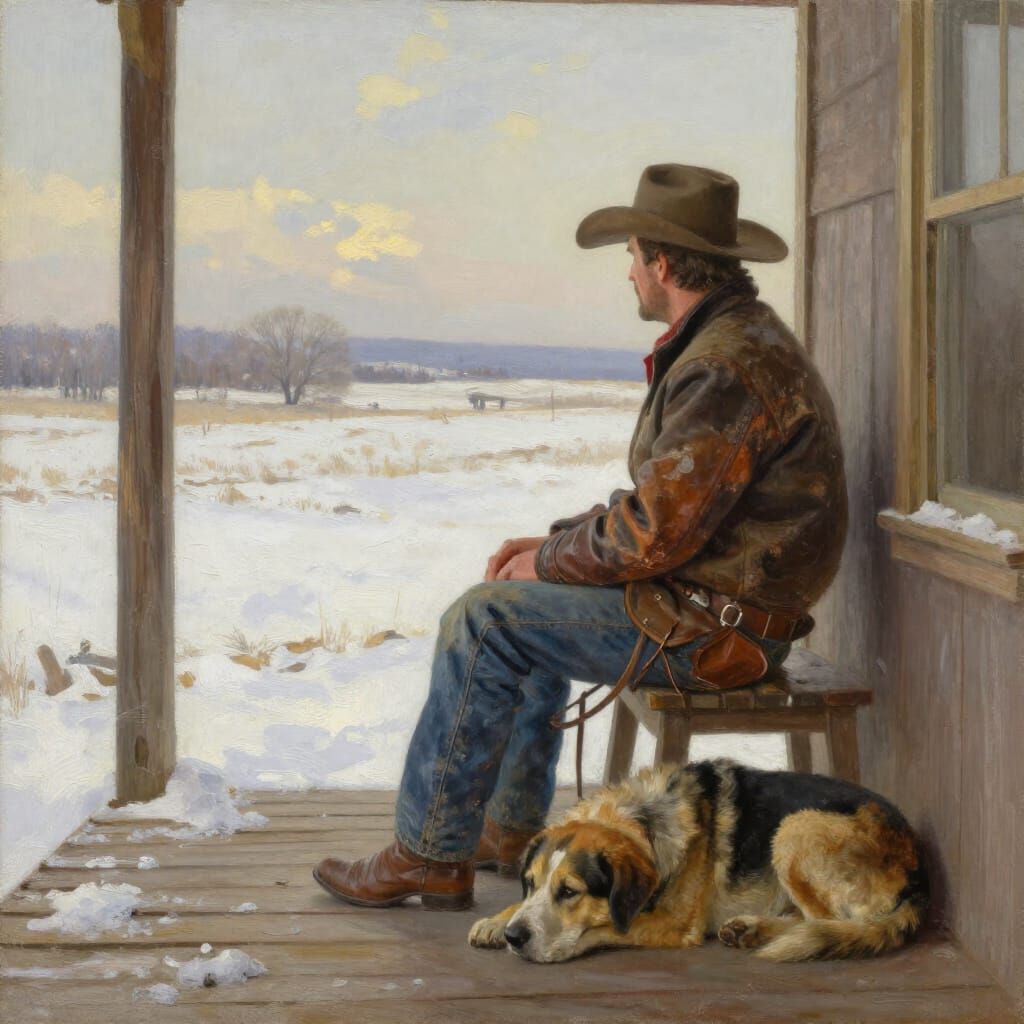 Cowboy Contemplates Snowy Landscape in Oil Painting Style