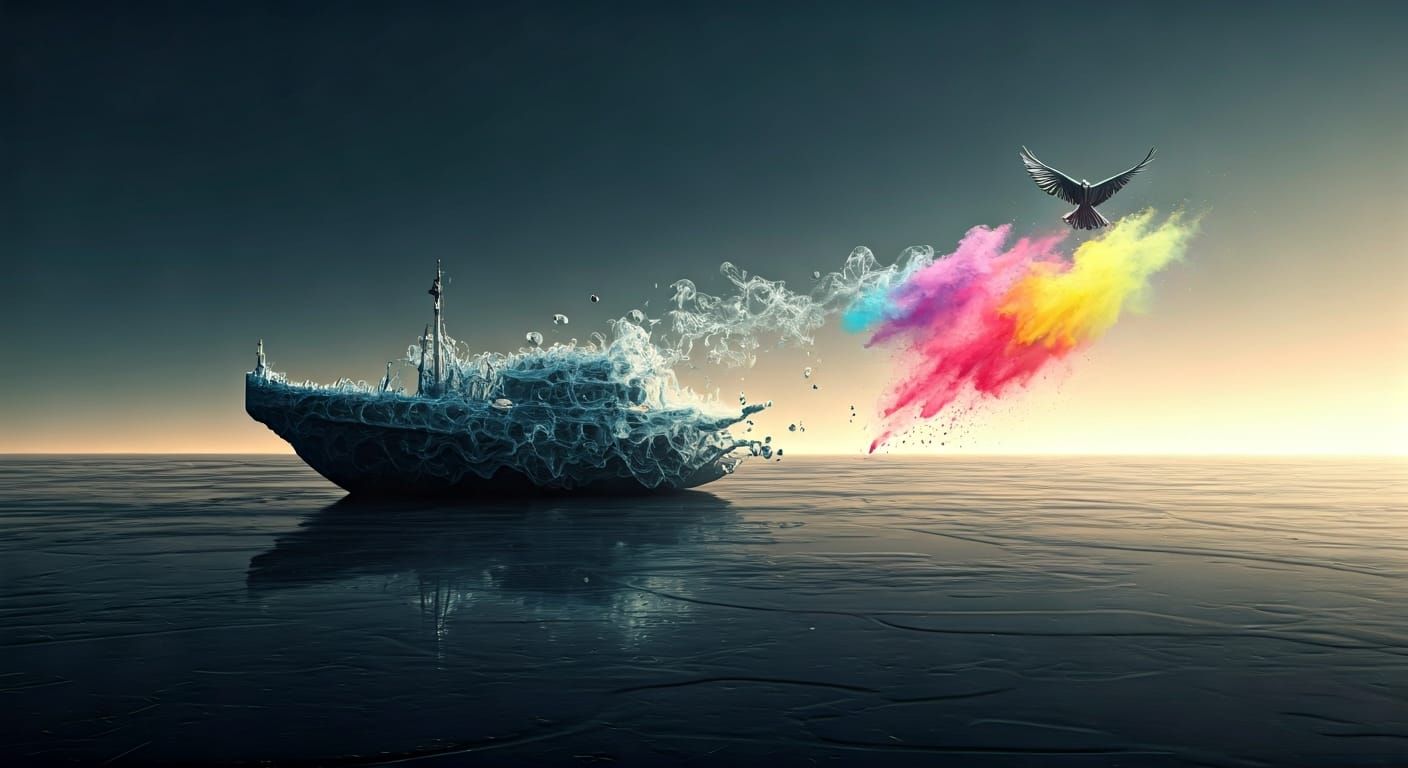 Surreal Ramboat Dissolving on Black Ice