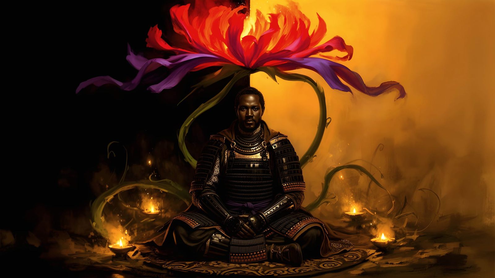 Black Samurai in Amber Light, Ink Mastery Style