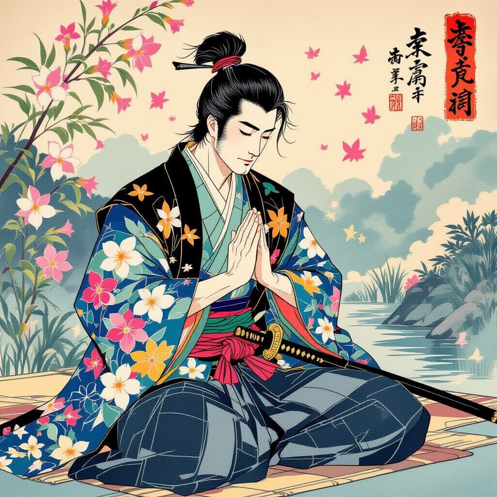 Gay Samurai Morning Prayers in Ukiyo-e Style