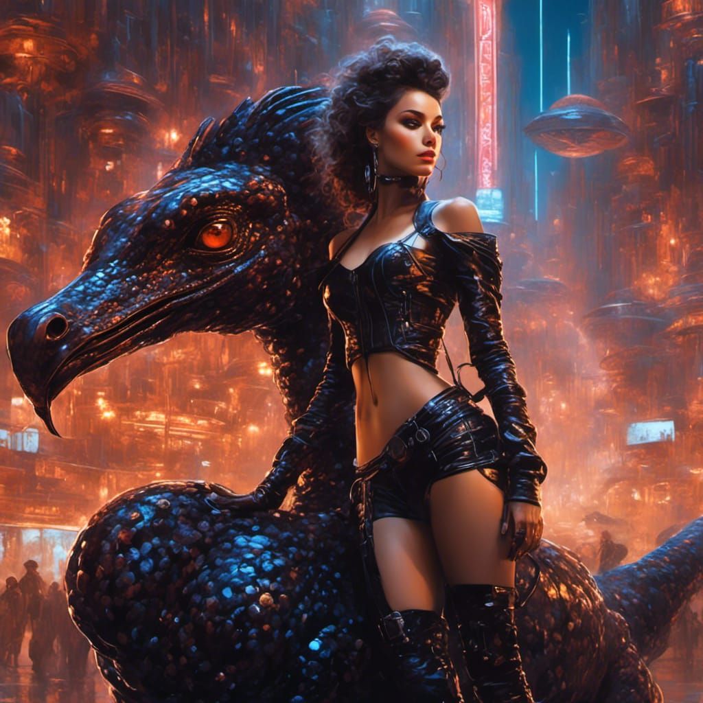 Brunette on Alien Ostrich in Cyberpunk Cityscape