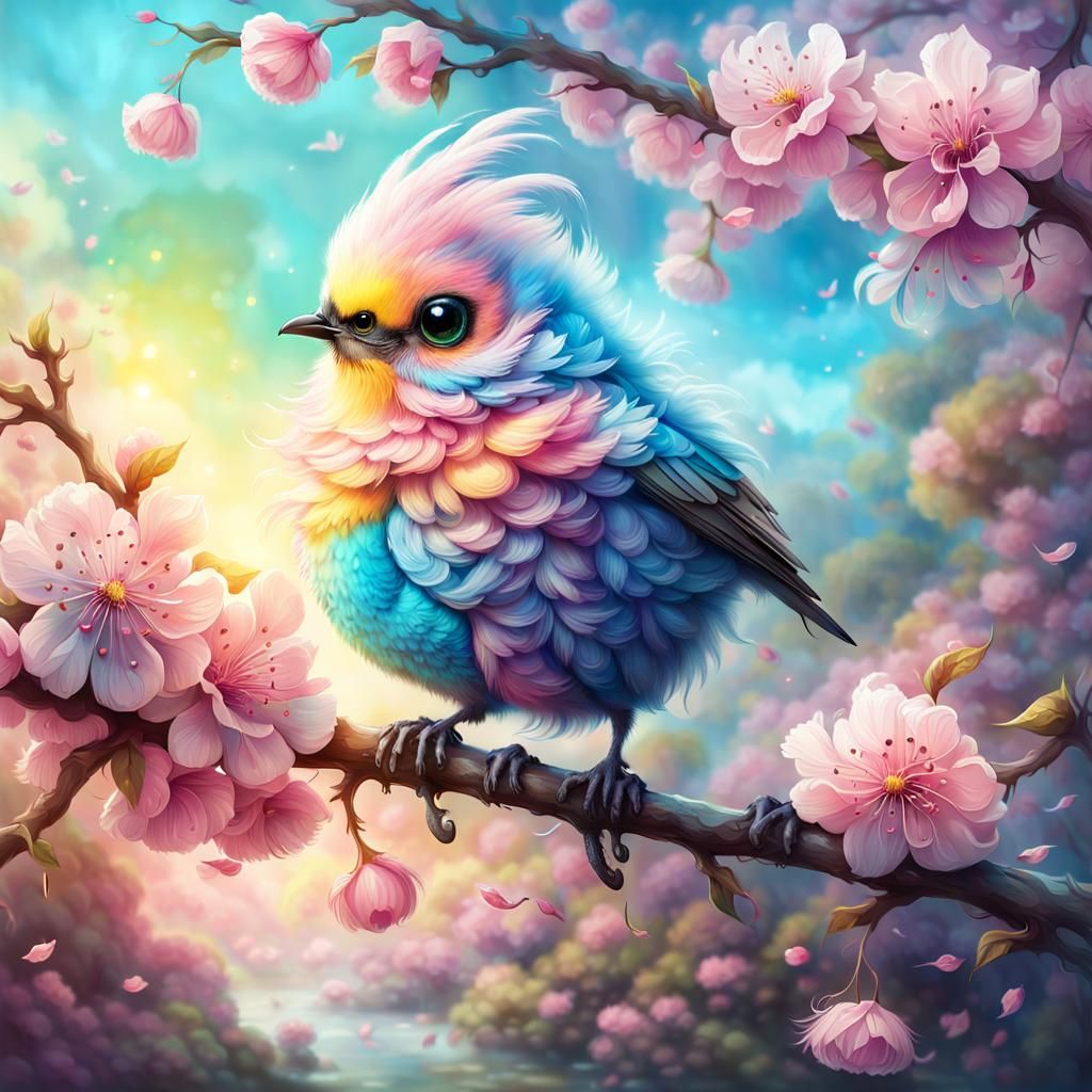 Pastel Bird on Cherry Blossom Branch, Digital Art