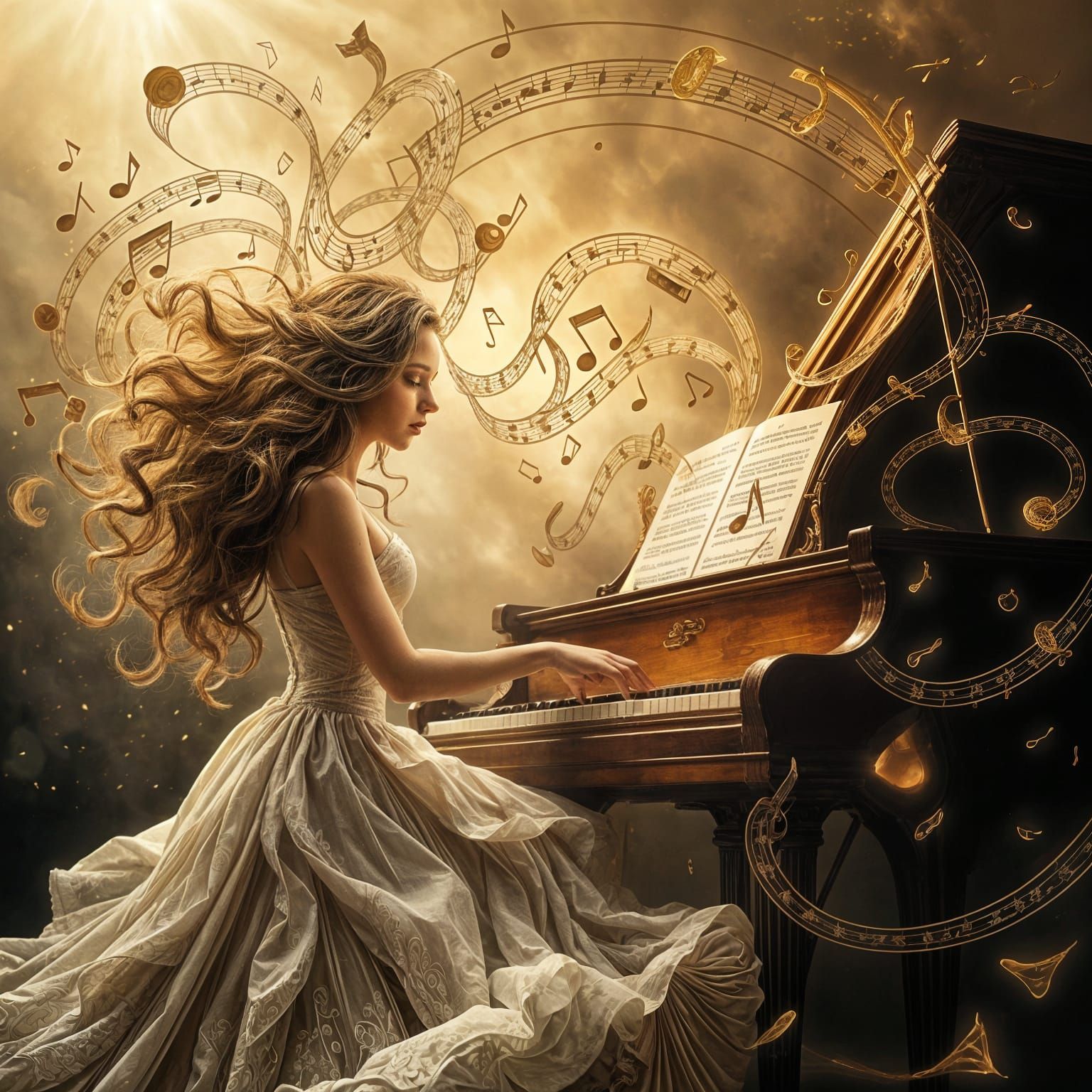 Ethereal Woman at Piano with Swirling Music Notes