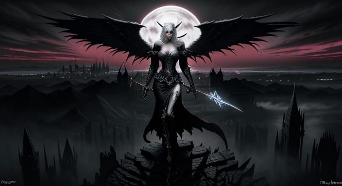 Dark Fantasy Sorceress and Fallen Angel Before Apocalyptic C...