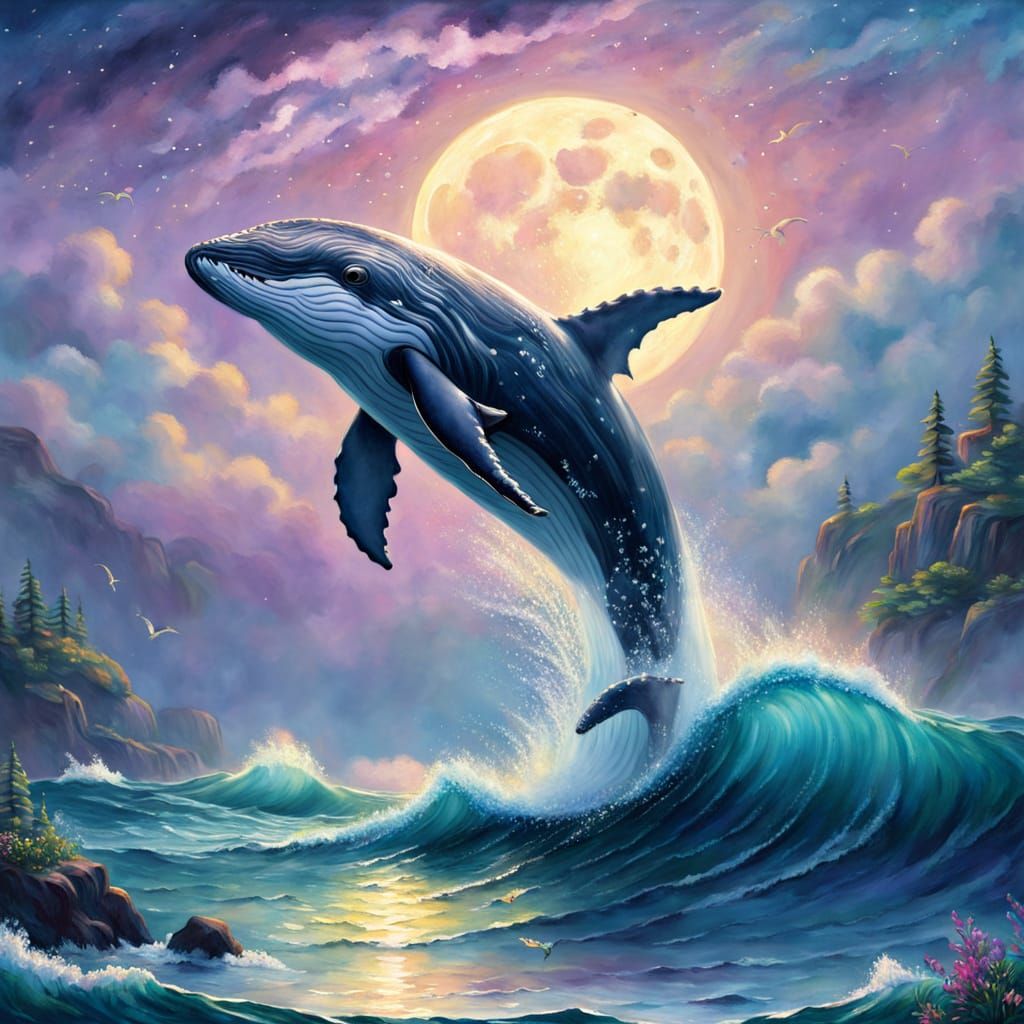 Ethereal Humpback Whale in Moonlit Ocean