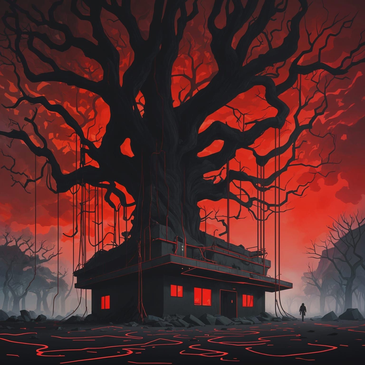 Gloomy Brutalist Building in Anime Style