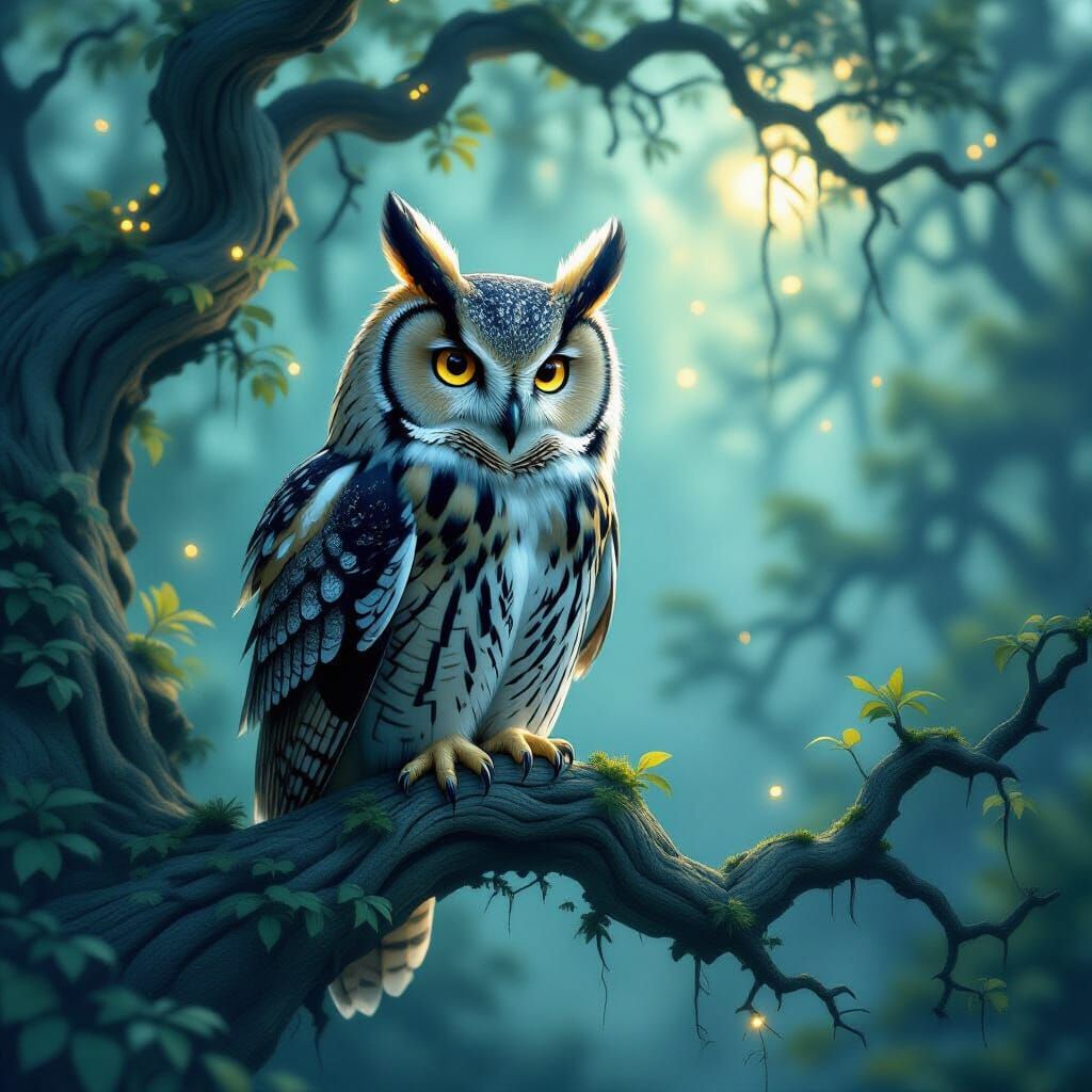 Majestic Owl with Molten Gold Eyes on Bioluminescent Tree
