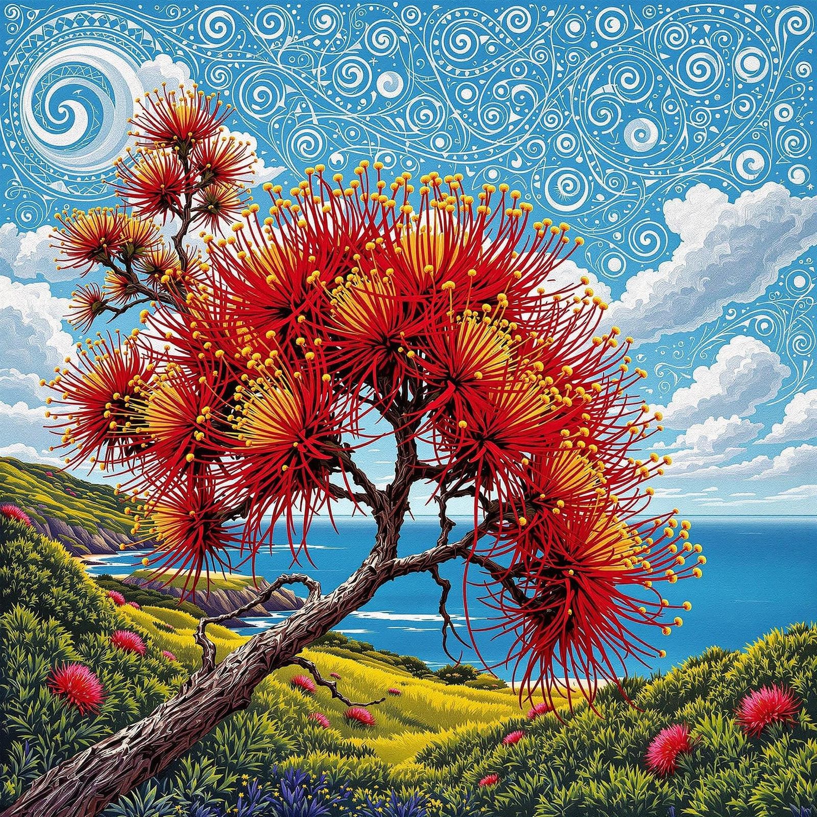 Vibrant Pohutukawa Flower with Maori Patterns