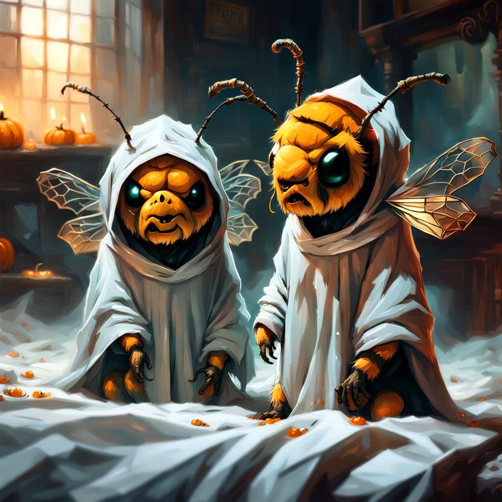 Bees Dressed as Ghosts for Halloween, 3D Render