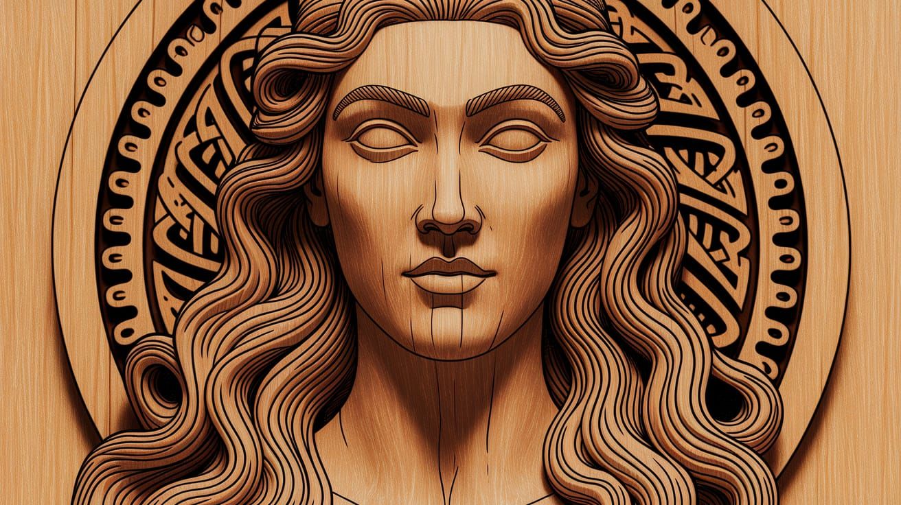 Norse Goddess Freyja Bust in Woodcut Style