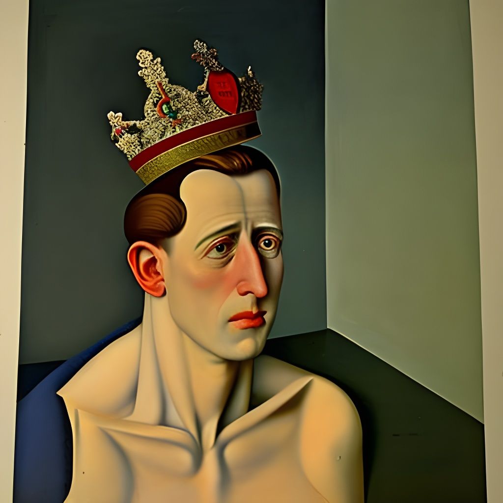 A sad and discombobulated Prince of wales, Prince william sitting on his throne of thorns with a sumptioius bejeweled cr...