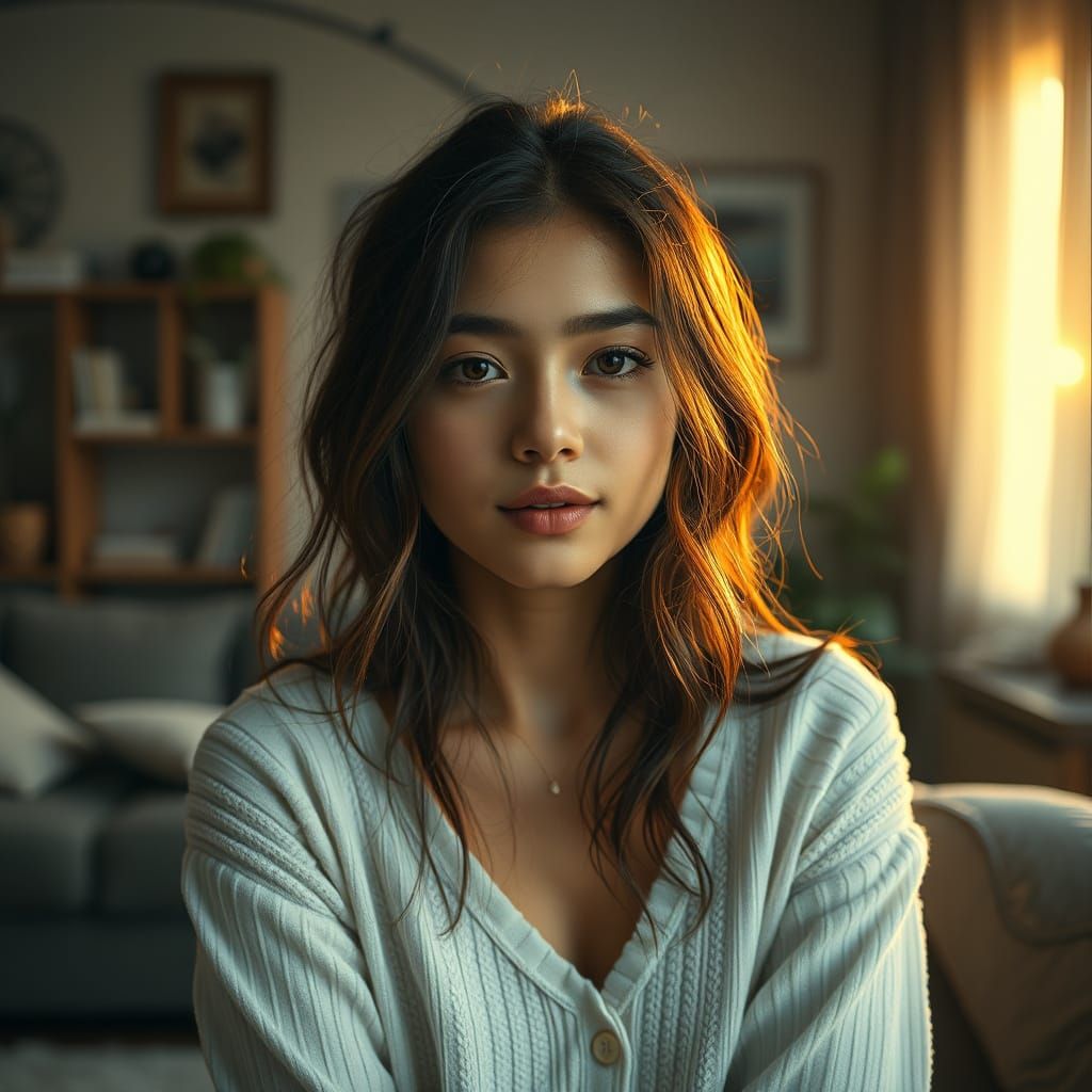 Hyperrealistic Portrait of a Girl in a Moody Living Room