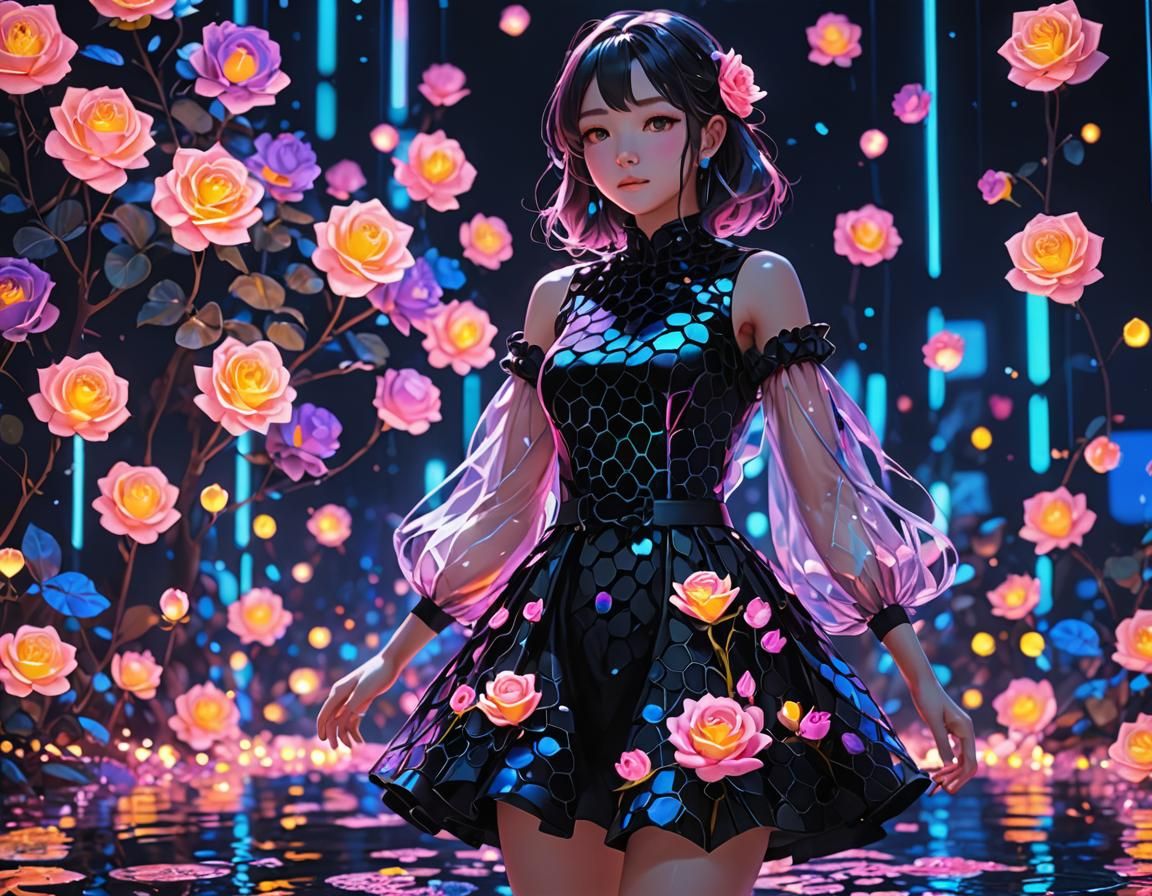 Holographic Honeycomb Dress in Neon UV Light