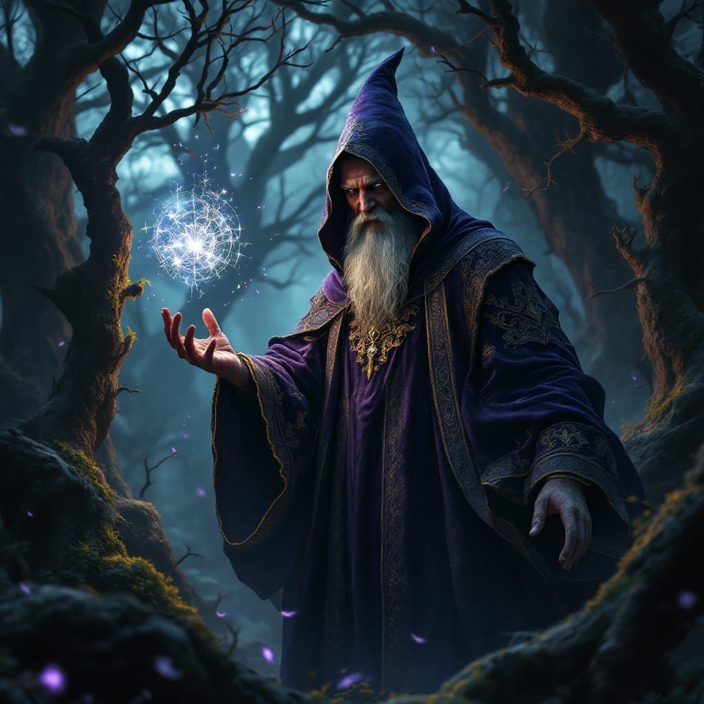 Dark Fantasy Wizard Casts Spell in Ancient Forest