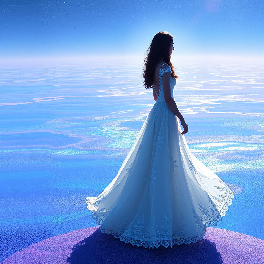 Woman Stepping into Infinity in Surreal Landscape