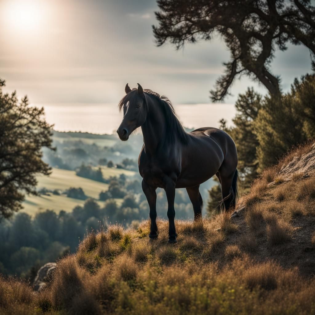 Majestic Stallion Overlooking Meadow, Professional Photograp...