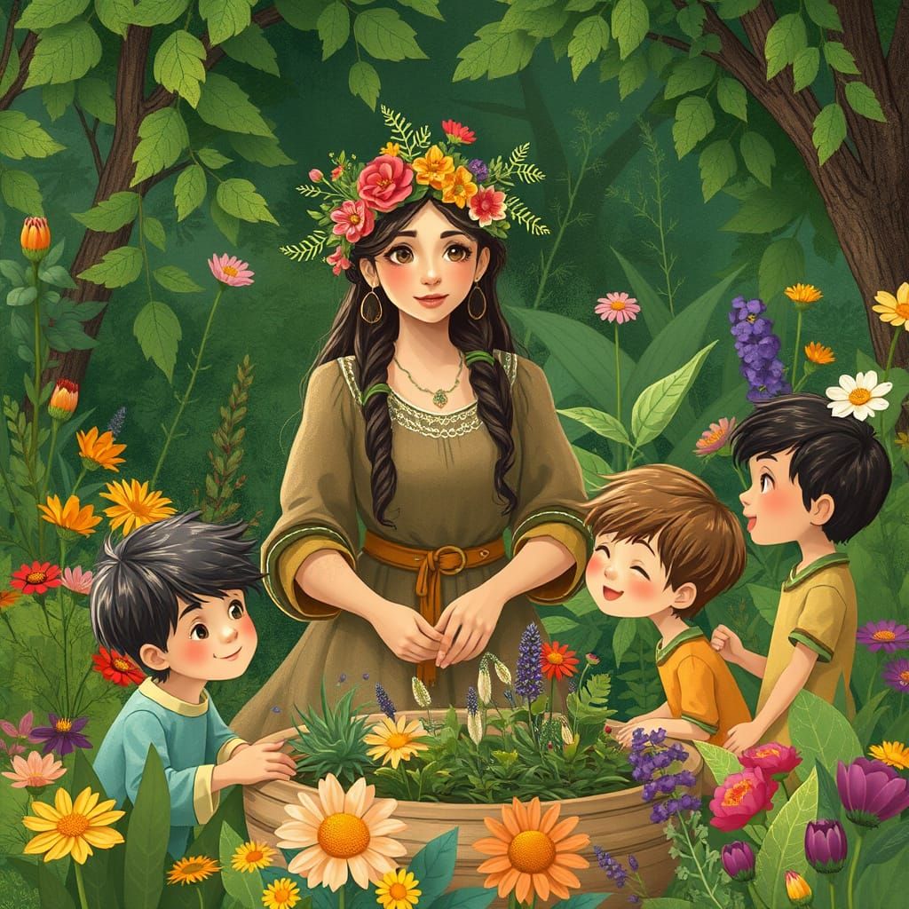 Whimsical Herbalist Teaching Children in Lush Garden