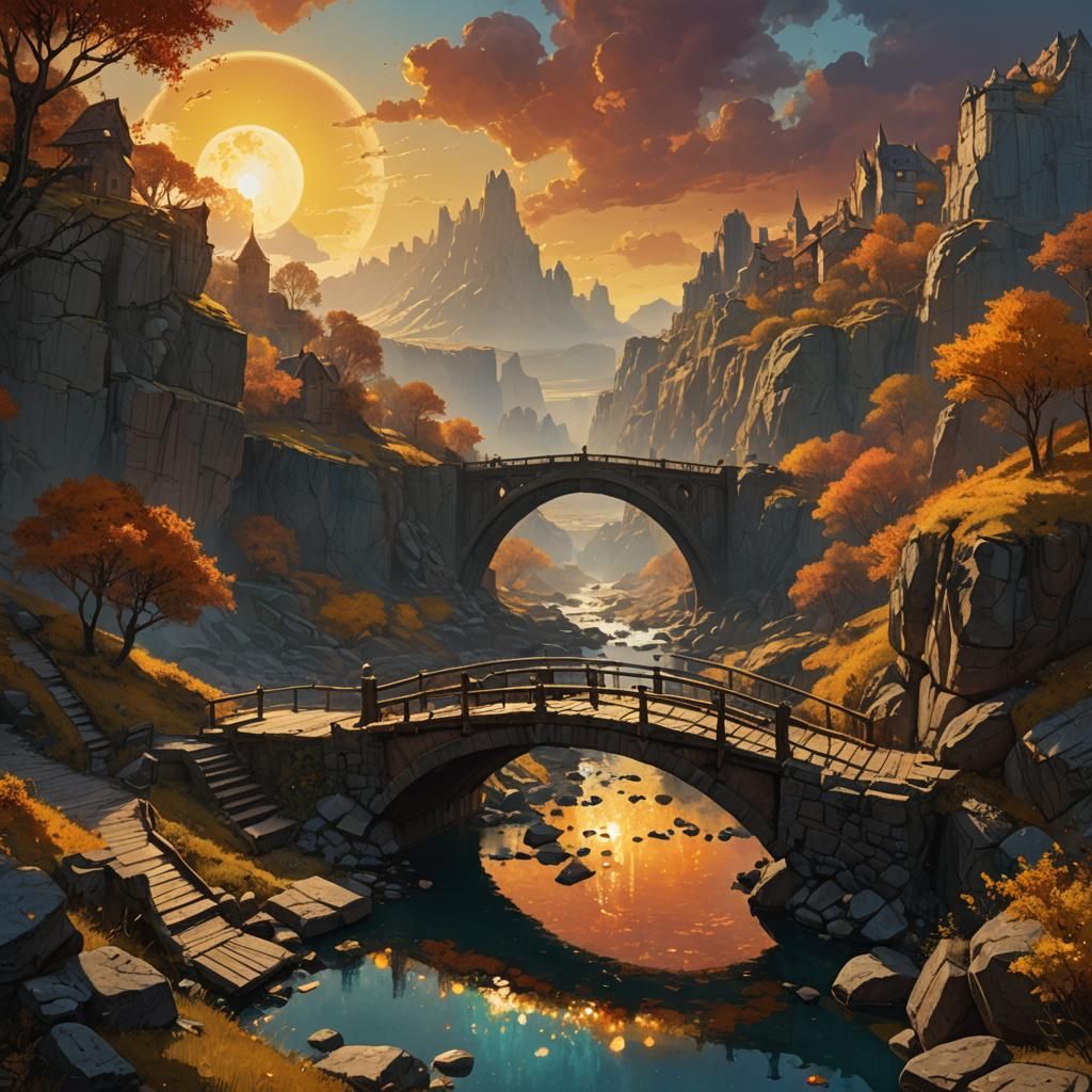Fantasy Bridge in Warm Colors, Detailed Concept Art
