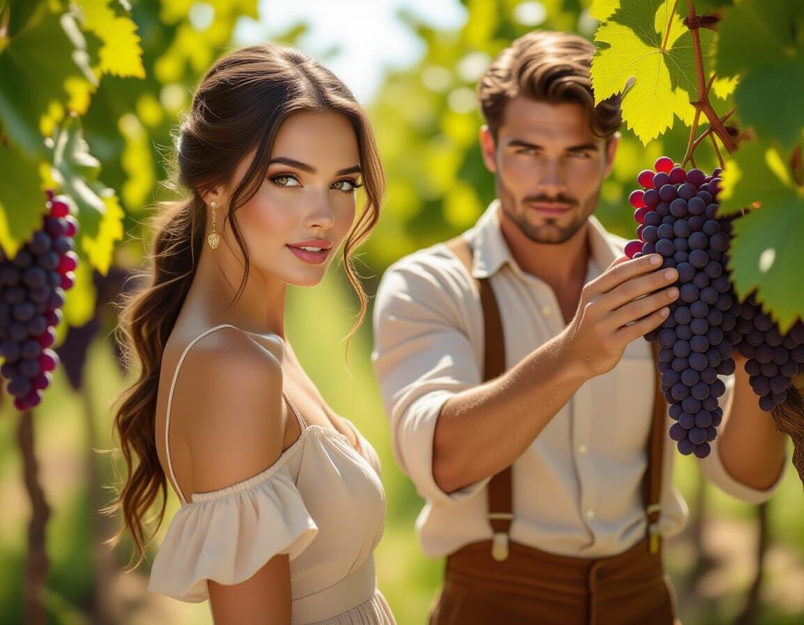 Hyperrealistic Woman and Grape Harvest in Summer