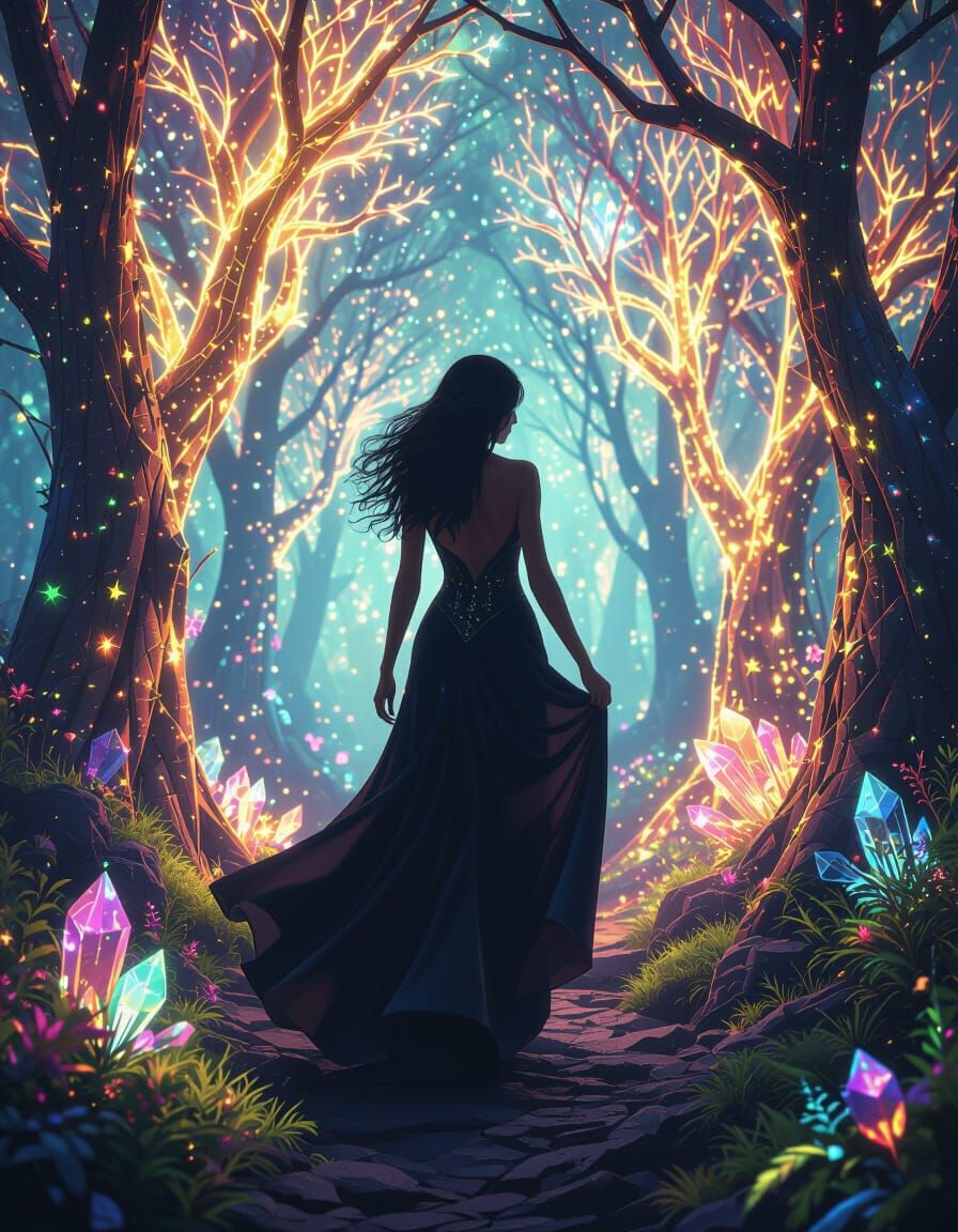 Mystical Forest Silhouette with Glowing Crystalline Trees