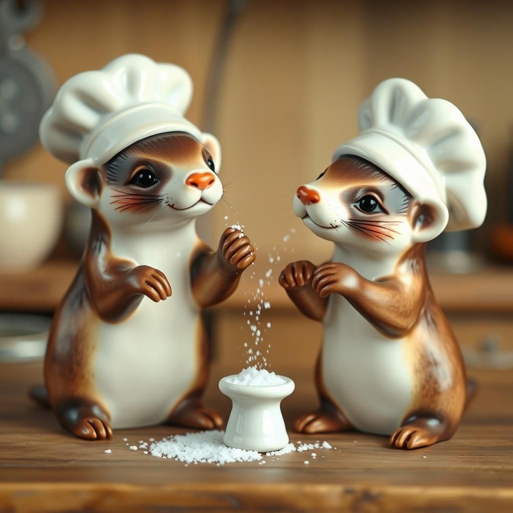Charming Ceramic Ferret Chefs in Storybook Kitchen