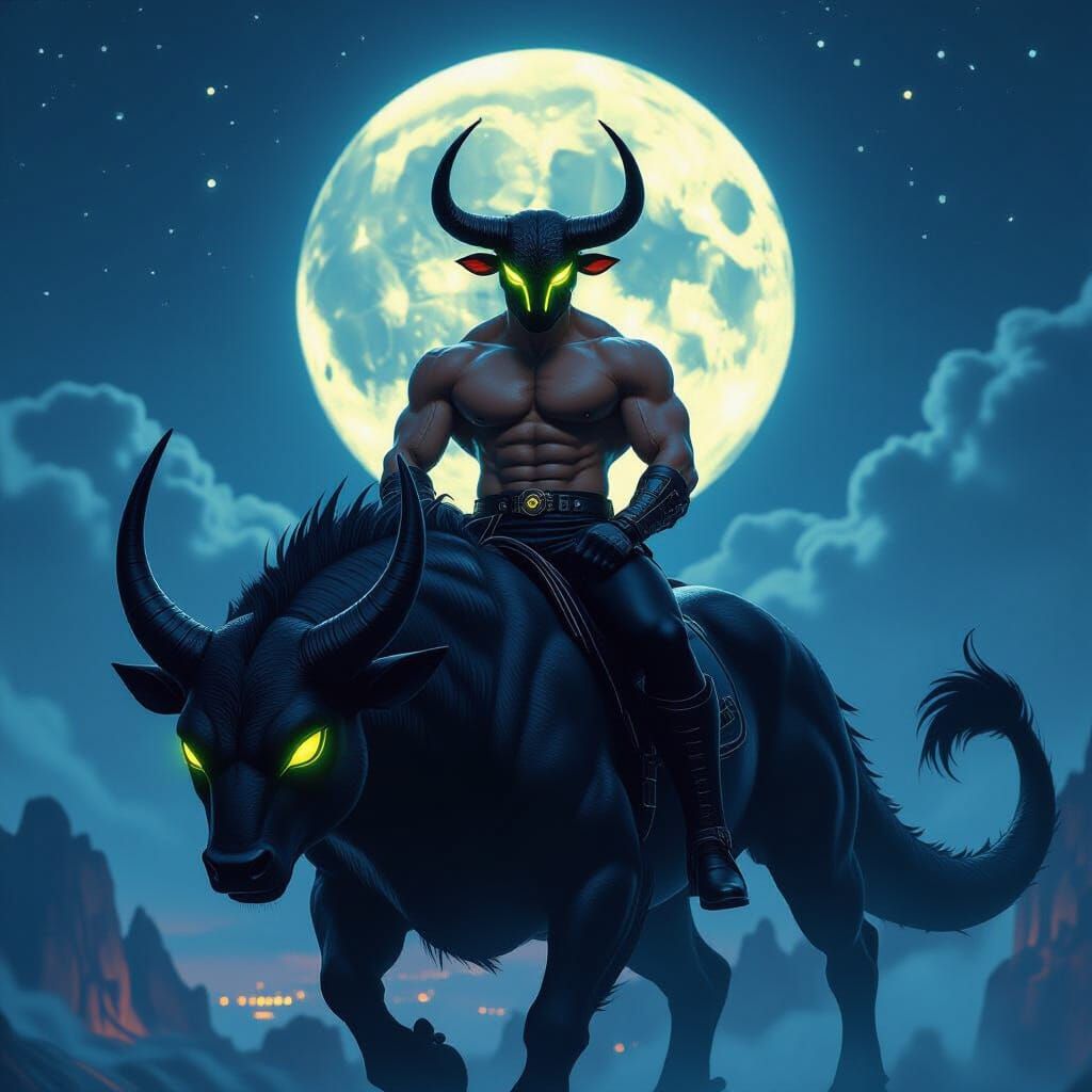 Neon Bull Rider on Dragon in Cyberpunk Landscape