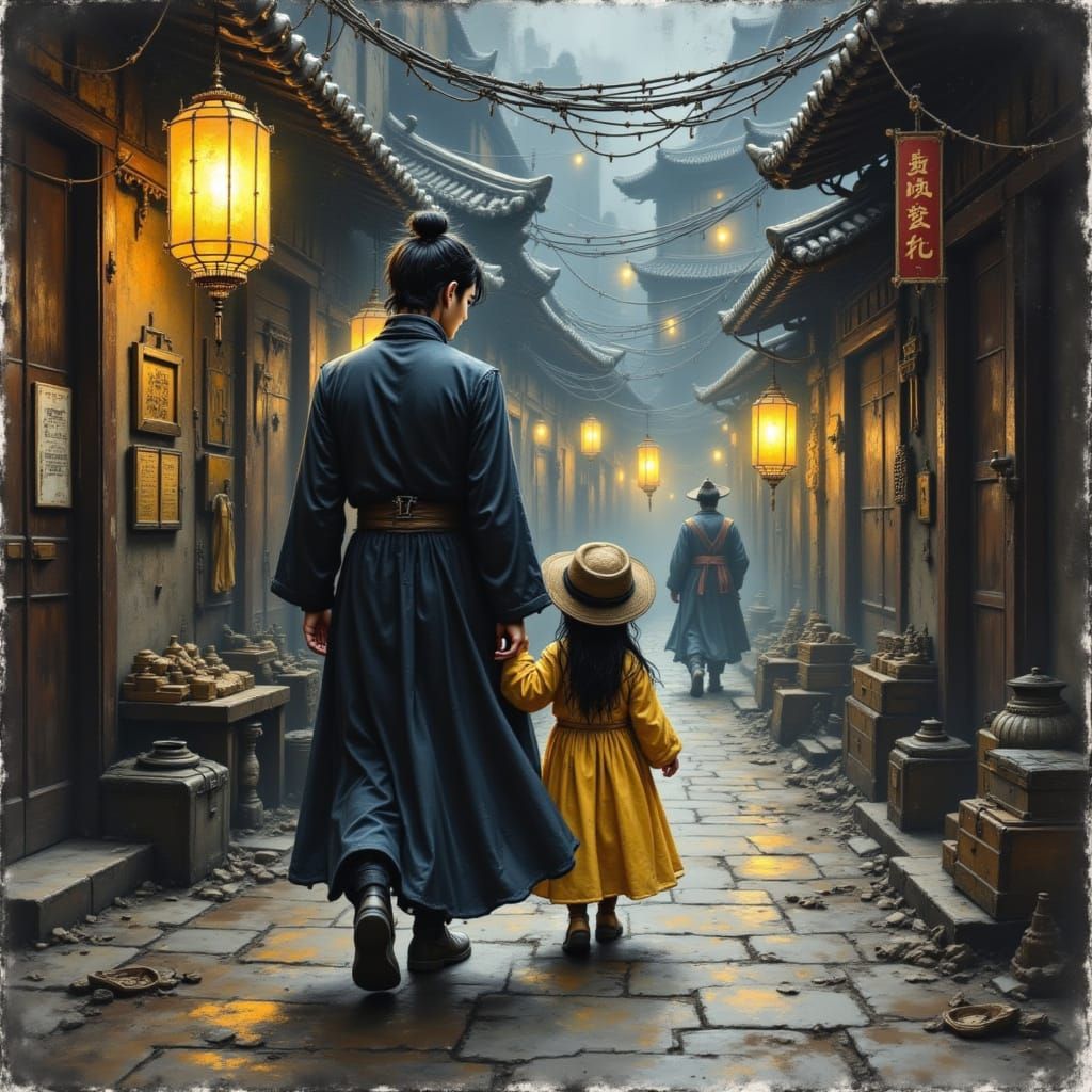 Ancient Chinese Detective Solving Mystery in Foggy Alley