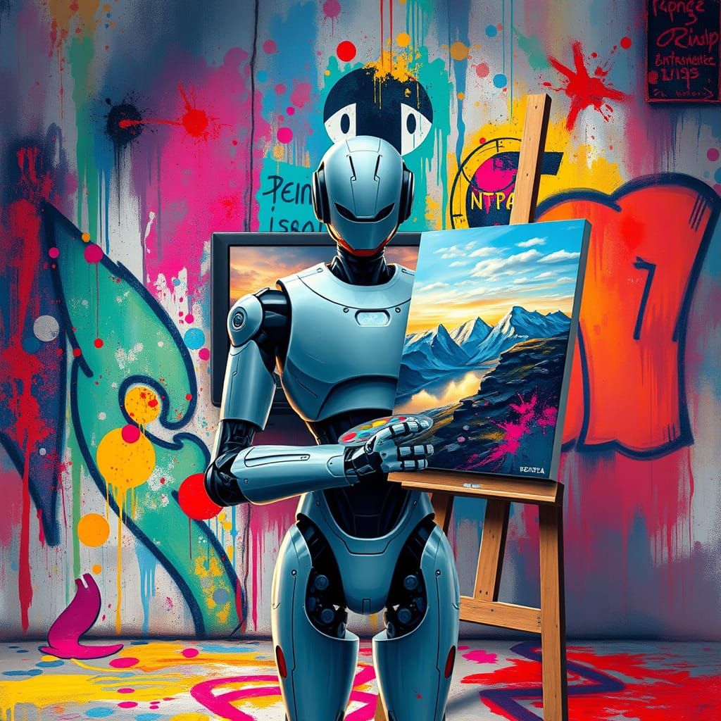 Cyberpunk Robot Prepares to Paint a Futuristic Landscape
