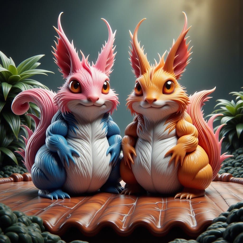 Iridescent Squirrels on Terracotta Roof, Storybook Illustrat...