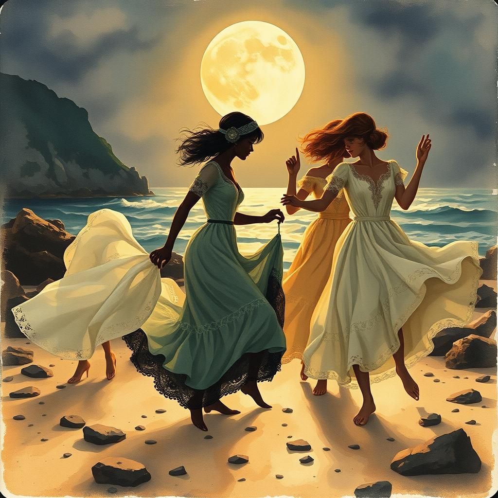 Victorian Women Dance on Moonlit Beach