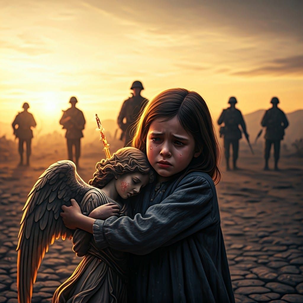Girl and Wounded Angel in War-Torn Landscape