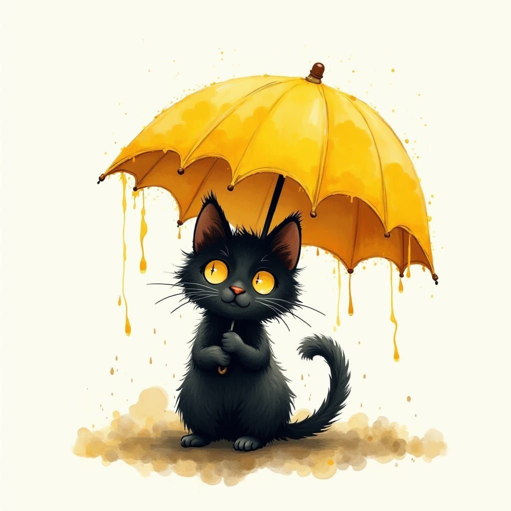 Fuzzy Black Cat Under Umbrella in Watercolor Style