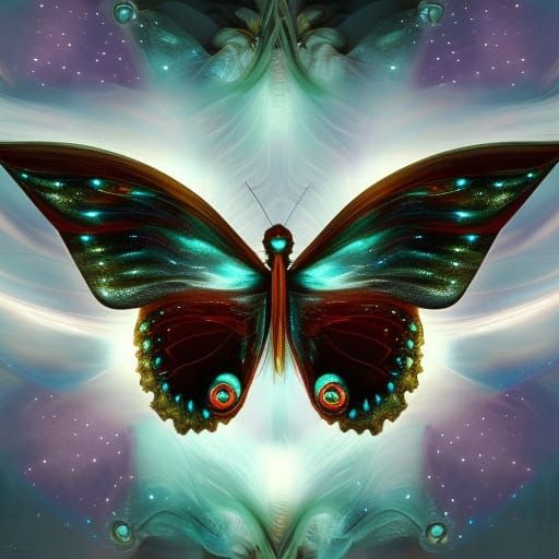 Astral Butterfly Portrait with Starry Swirls