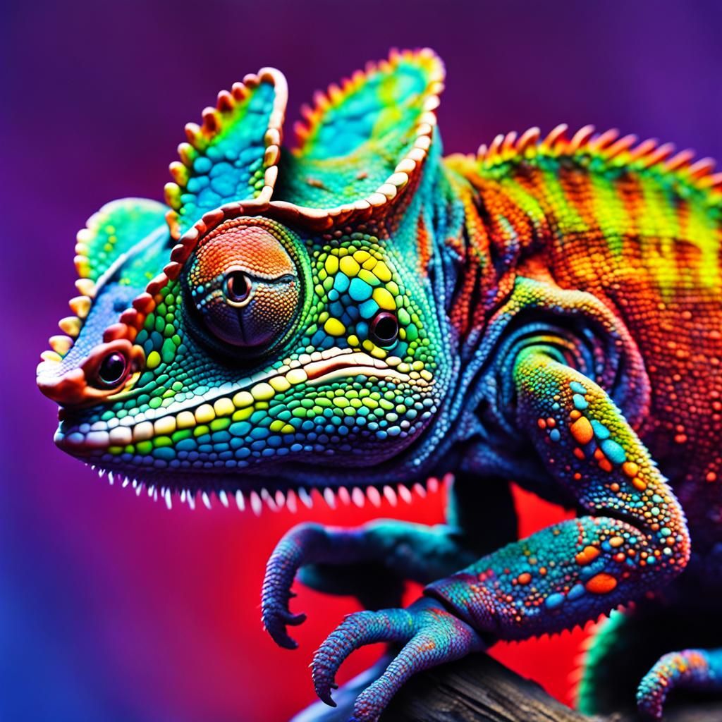 Neon Luminescent Chameleon in Hyper-Detailed Illustration