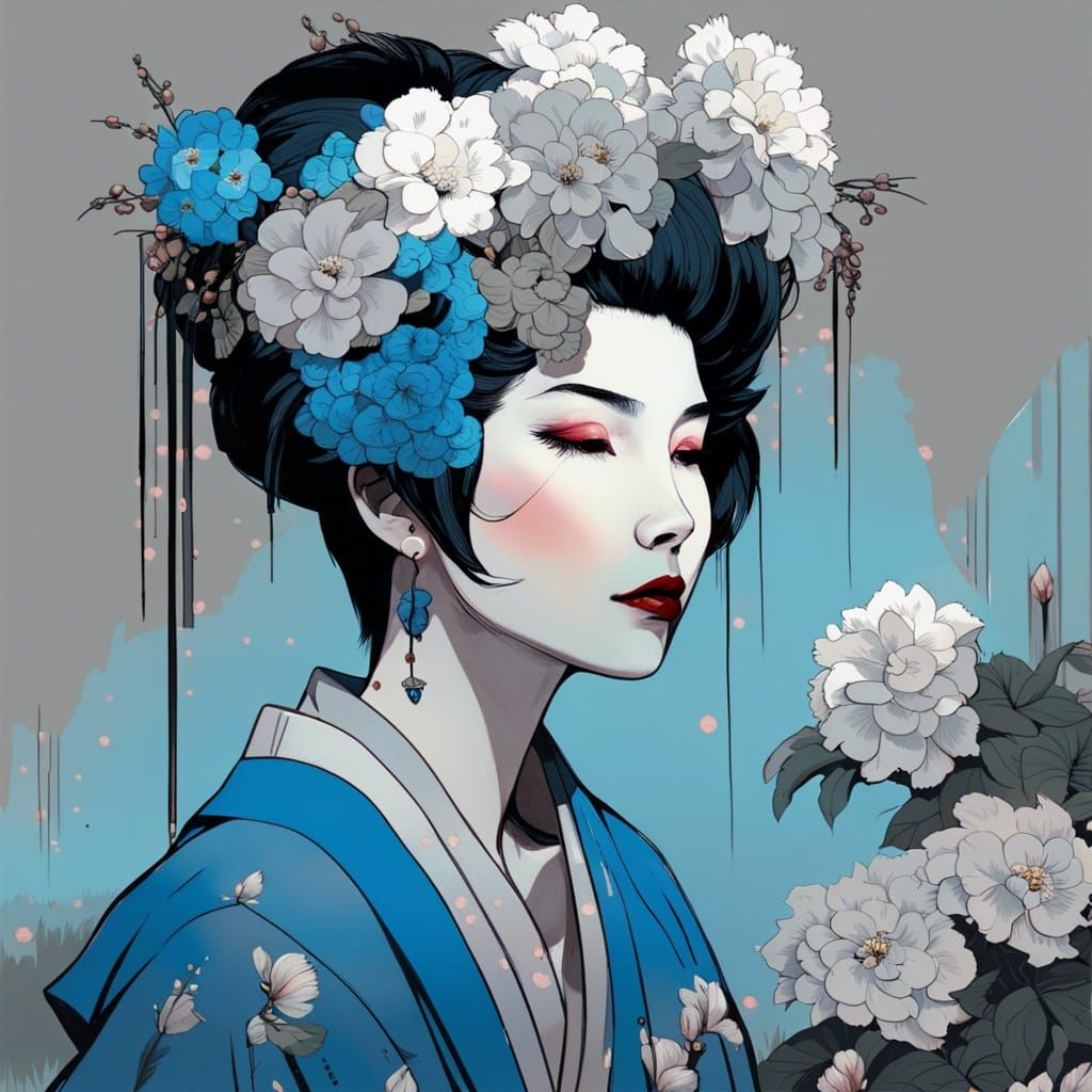 Punk Geisha with Flowers in Oil Painting Style