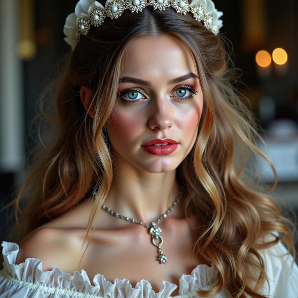 Photorealistic Milady de Winter in 1625 White Gown with Ruby...