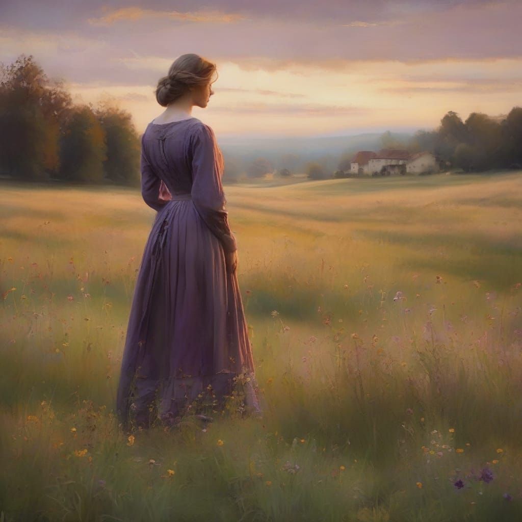 Renaissance Woman Gazes at Misty Farmhouse in Golden Meadow