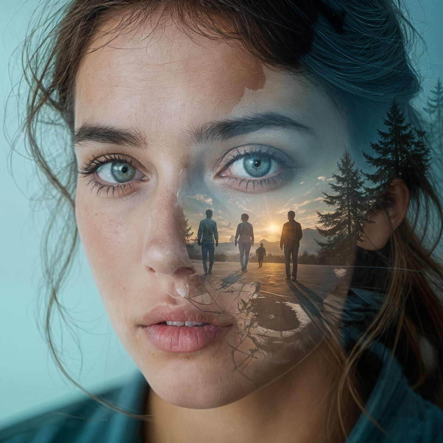 Melancholy Double Exposure Portrait of Lost Identity