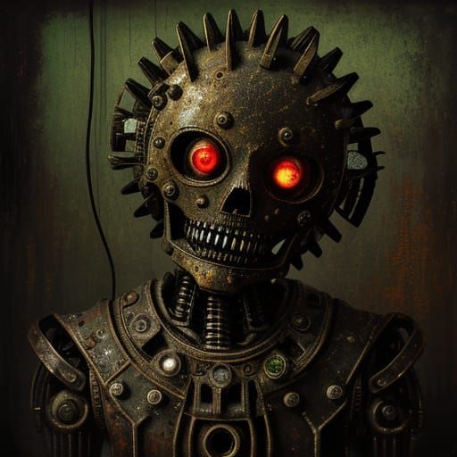 Eerie Dystopian Robot in Grunge Setting Oil Painting