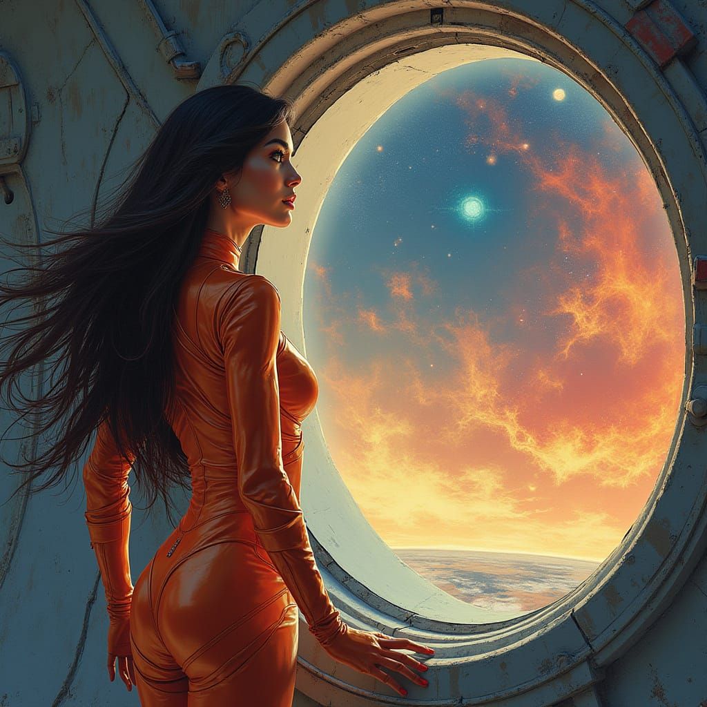 Sleek Space Woman Contemplates Cosmic Wonders in Vibrant Neb...