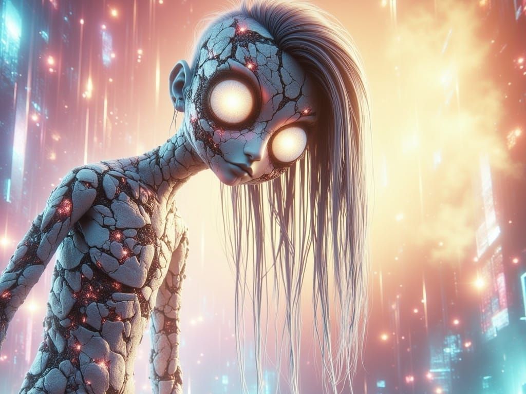 Whimsical Robot Towering Over a Little Boy in a Dreamlike Sc...