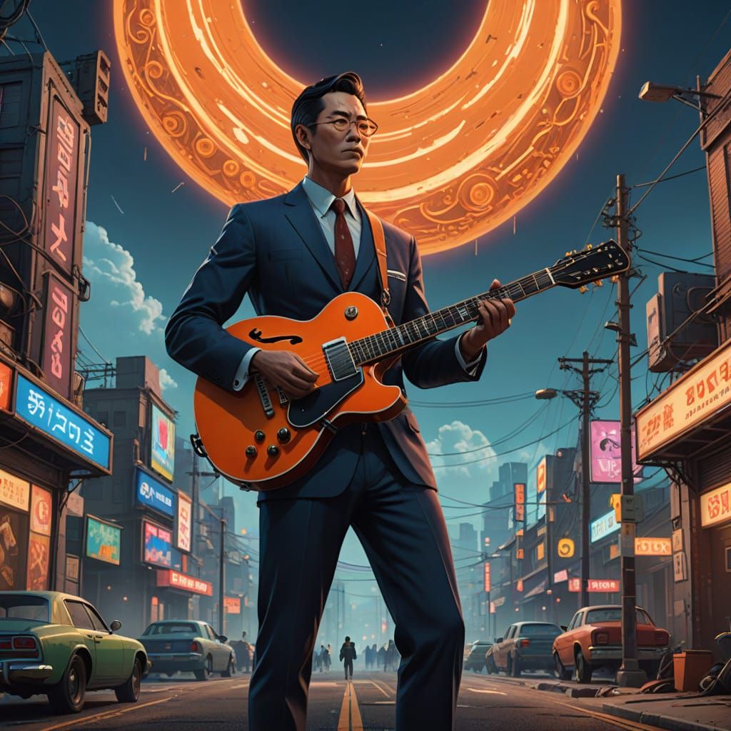 1950s Man Plays Electric Guitar with War and Civil Rights Mo...