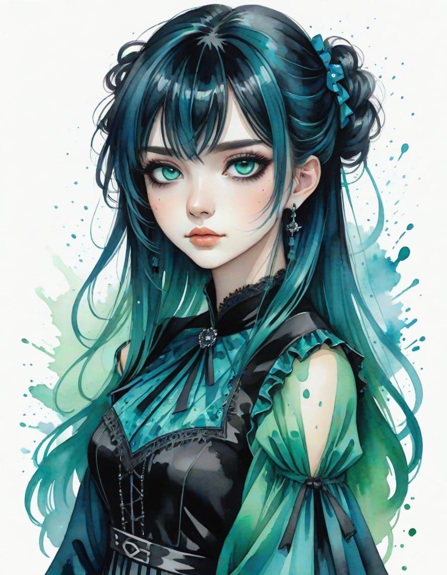 Anime Goth Girl in Watercolor Splash Art