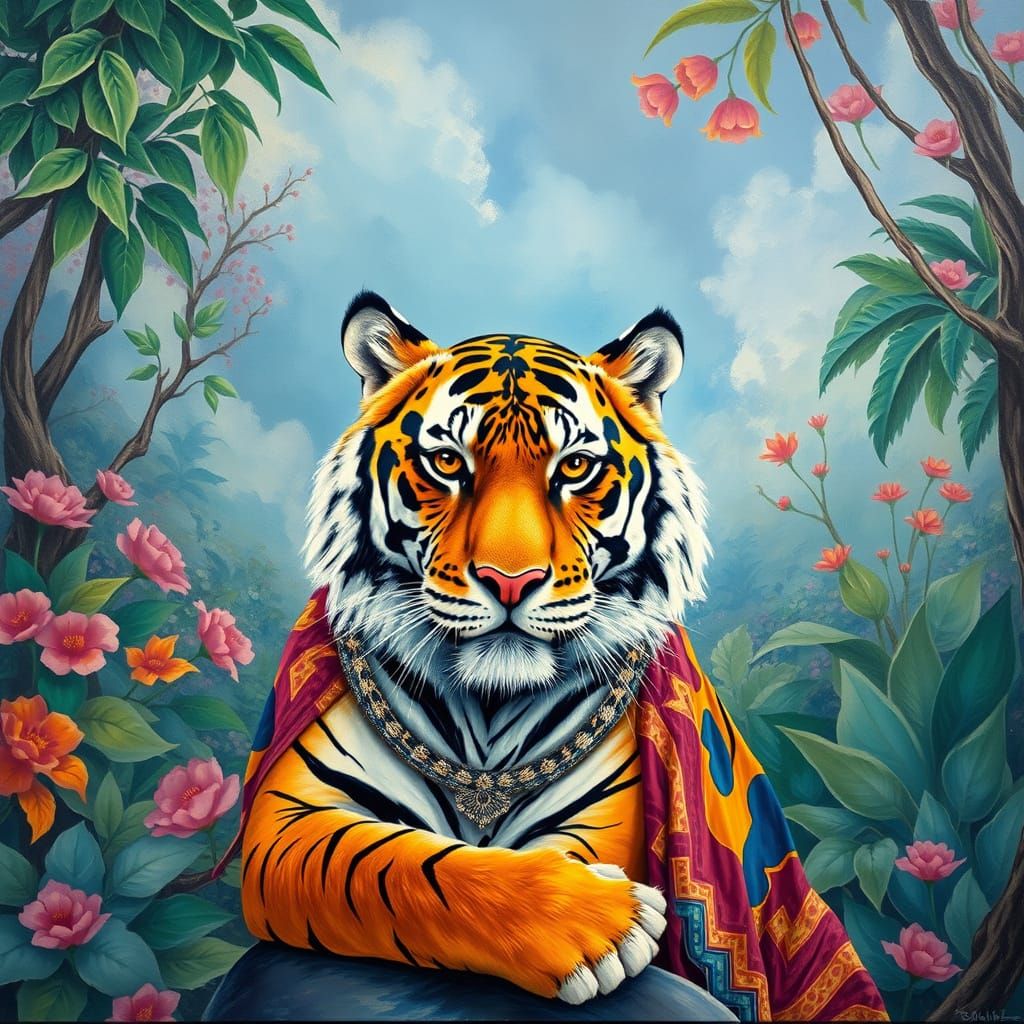 Multicolor Tiger in Gouache Style, Thick Brush Strokes, Muse...